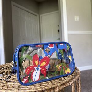 Tory Burch Clear Plastic Multicolor Flower Zipper Closure Cosmetic Pouch Wallet